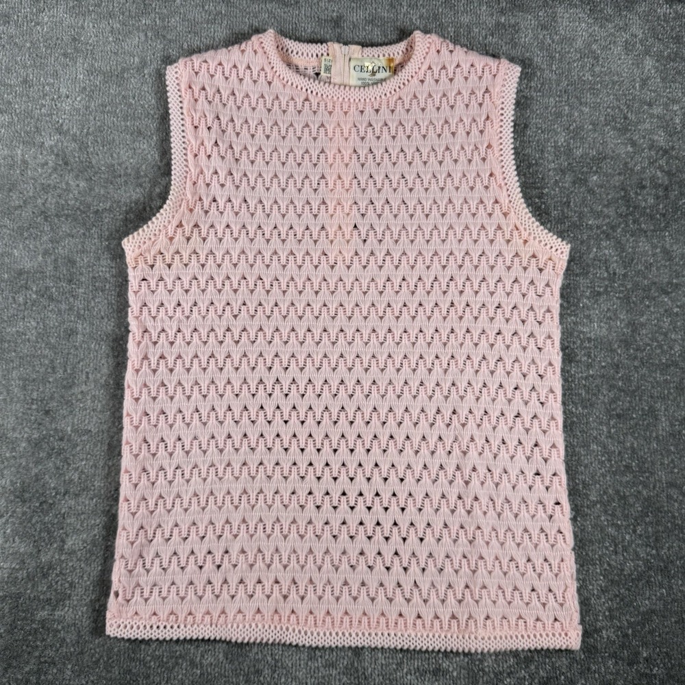 60s VTG Cellini Sweater Women's Medium‎ Pink Open Knit Crocheted Cottagecore